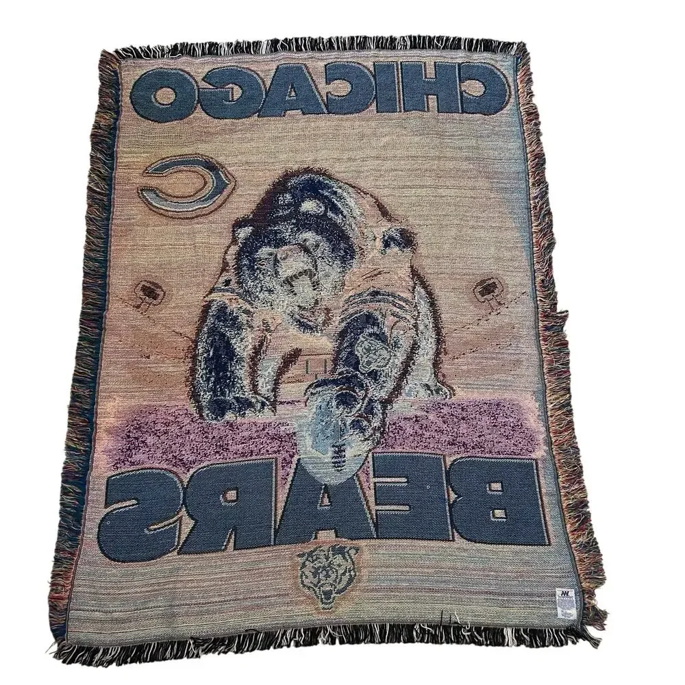 Vintage 90s Chicago Bears NFL Tapestry Fringe Throw Blanket 43x58 Americana